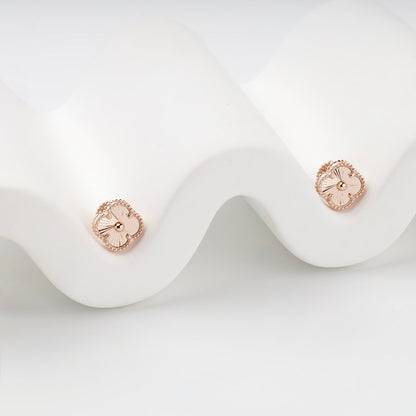 Rose gold 585 diamond-cut four-leaf clover stud earrings, front view