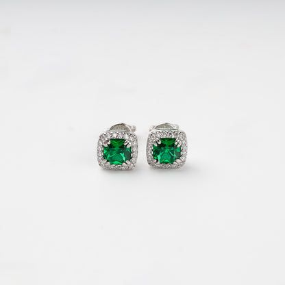 Silver 925 green cubic zirconia halo stud earrings, front view
