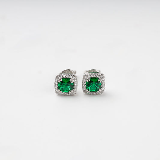 Silver 925 green cubic zirconia halo stud earrings, front view