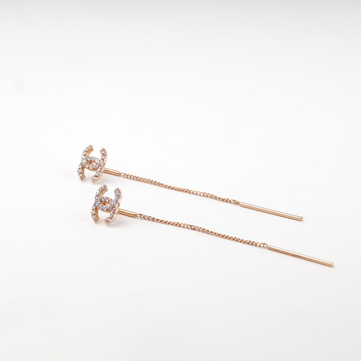 Rose gold 585 clear-stone geometric threader earrings — front view — Kabluchka