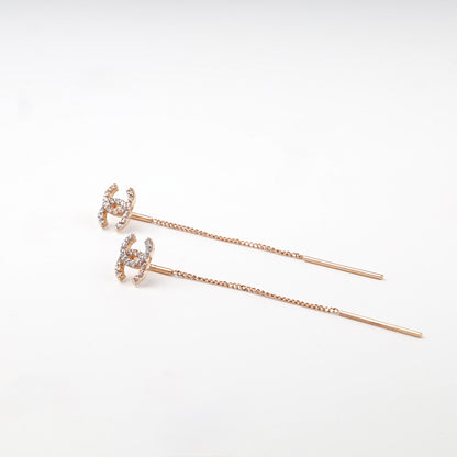 Rose gold 585 clear-stone geometric threader earrings — front view — Kabluchka