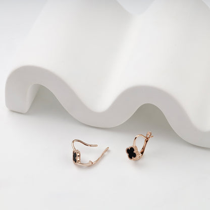 Rose gold 585 black onyx clover earrings, side view