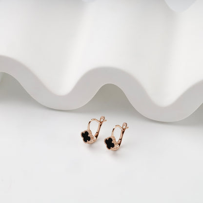 Rose gold 585 black onyx clover earrings with English-lock fastening