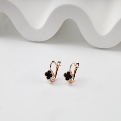 Rose gold 585 black onyx clover kids earrings, front view