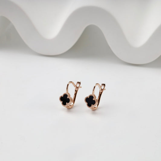 Rose gold 585 black onyx clover kids earrings, front view