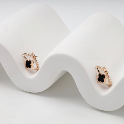 Rose gold 585 black onyx clover kids earrings, pair view