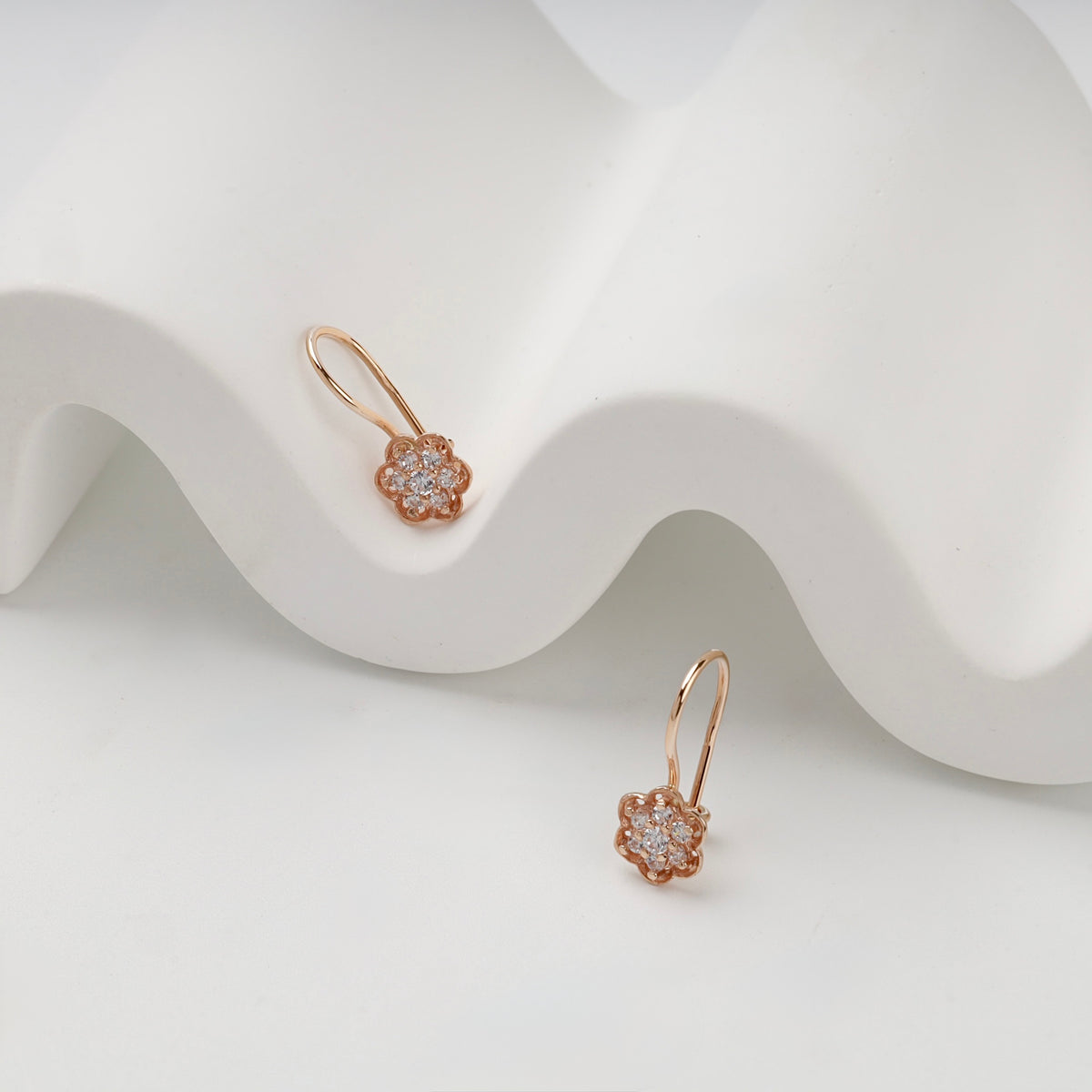 Cubic zirconia floral cluster earrings in Rose Gold 14K, close-up