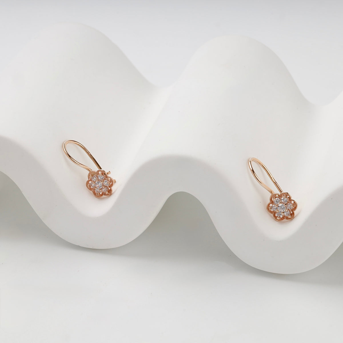 Rose Gold 14K cubic zirconia flower hook kids earrings, front view