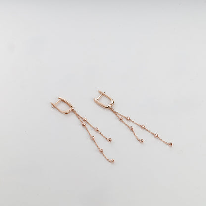 Rose gold 585 beaded chain drop earrings, close pair view