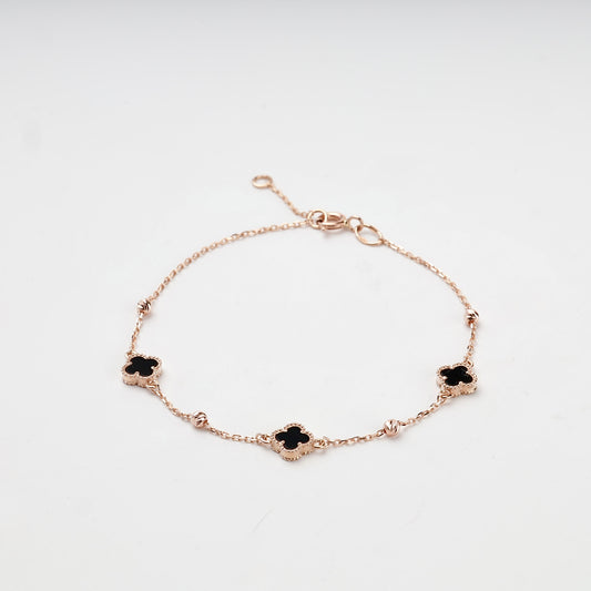 Rose gold 585 black onyx clover bracelet with spring-ring clasp