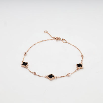 Rose gold 585 black onyx clover bracelet with spring-ring clasp