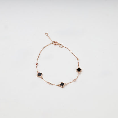 Rose gold 585 black onyx clover chain bracelet, full view