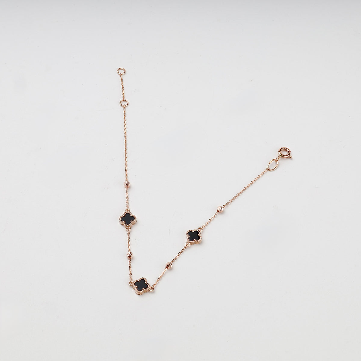 Rose gold 585 black onyx clover bracelet with adjustable extension