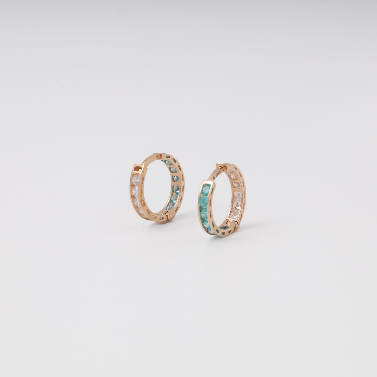 Mint and clear cubic zirconia hoop earrings — angled view — Kabluchka