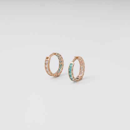 Mint and clear cubic zirconia hoop earrings — angled view — Kabluchka