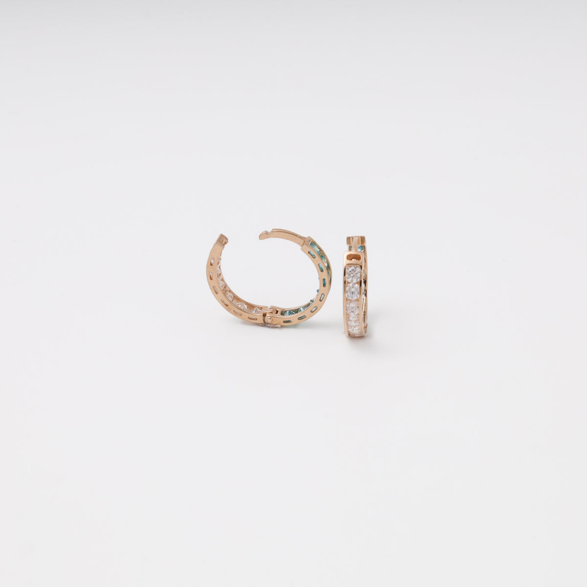 Rose gold two-color cubic zirconia huggie earrings — open closure view — Kabluchka