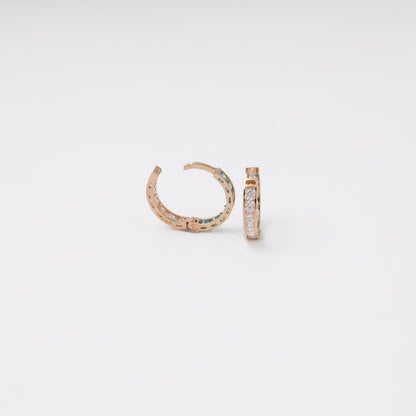 Rose gold two-color cubic zirconia huggie earrings — open closure view — Kabluchka