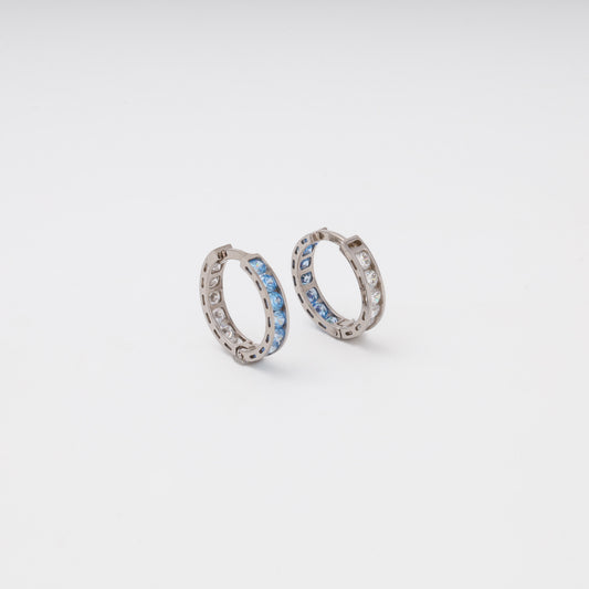White gold huggie earrings 14K with blue and white cubic zirconia — Kabluchka