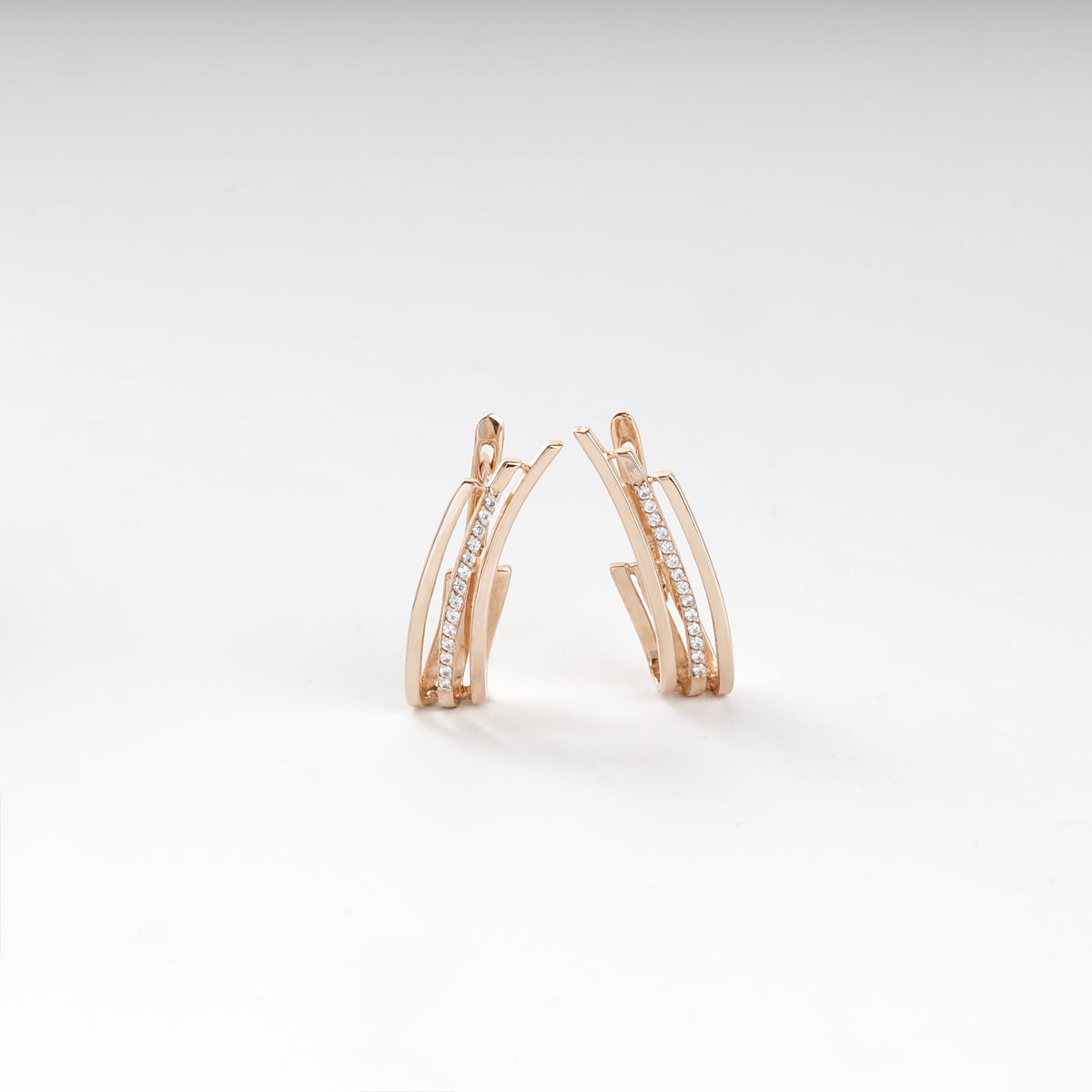 Rose gold 14K triple-band cubic zirconia hoop earrings, front view