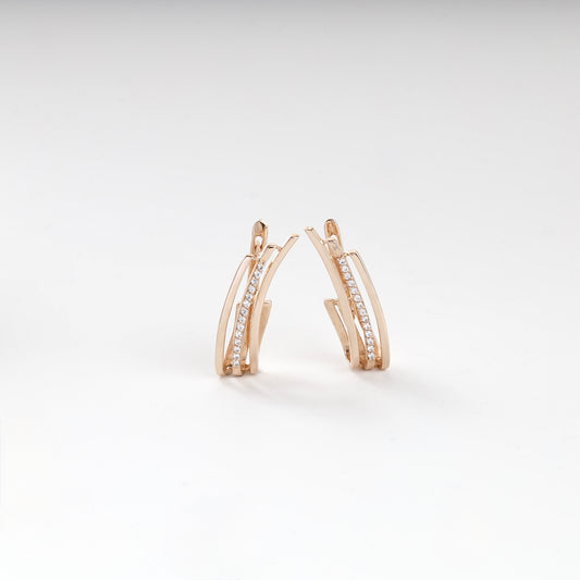 Rose gold 14K triple-band cubic zirconia hoop earrings, front view