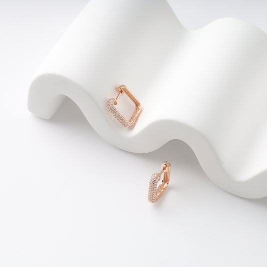 Rose gold rectangle huggie earrings cubic zirconia pavé - Kabluchka