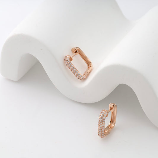 Rose gold 585 square huggie earrings with CZ micropavé 3 rows - Kabluchka Jewelry Store