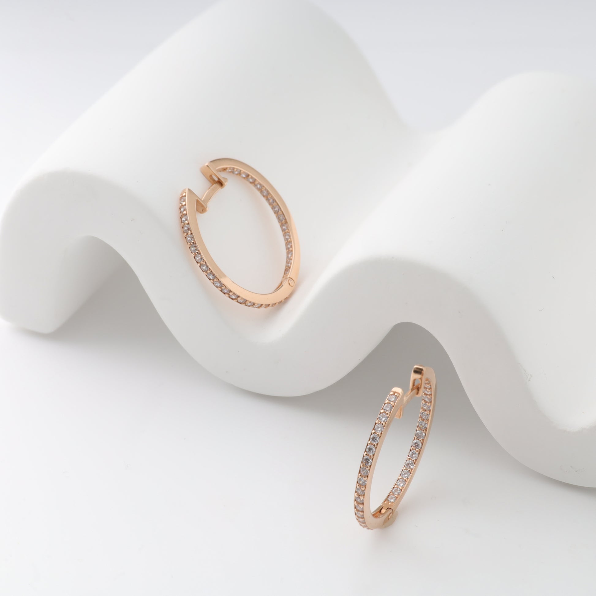 Rose gold hoop earrings cubic zirconia size 21mm | Kabluchka