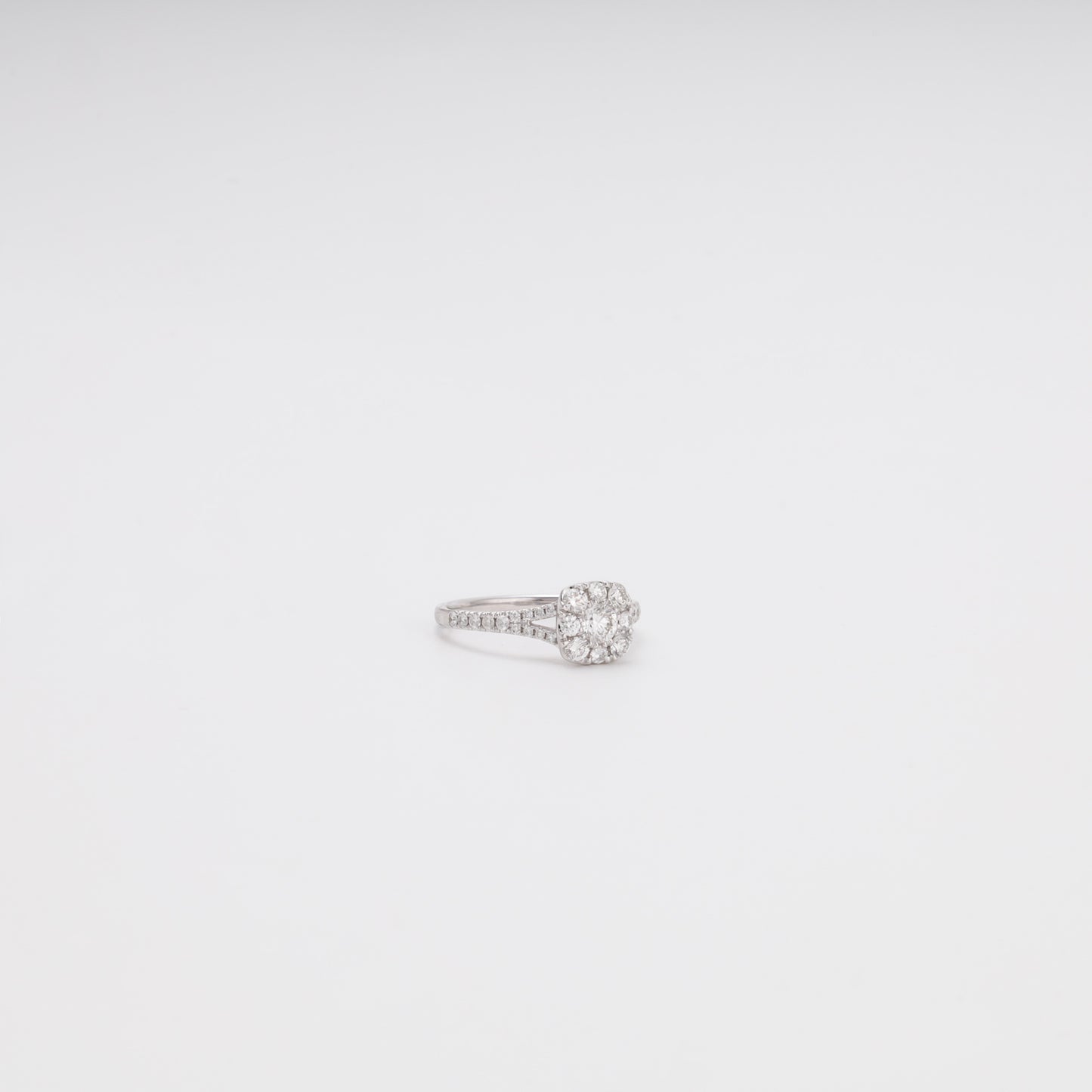 14K white gold cluster diamond ring three-quarter angle - Kabluchka jewelry