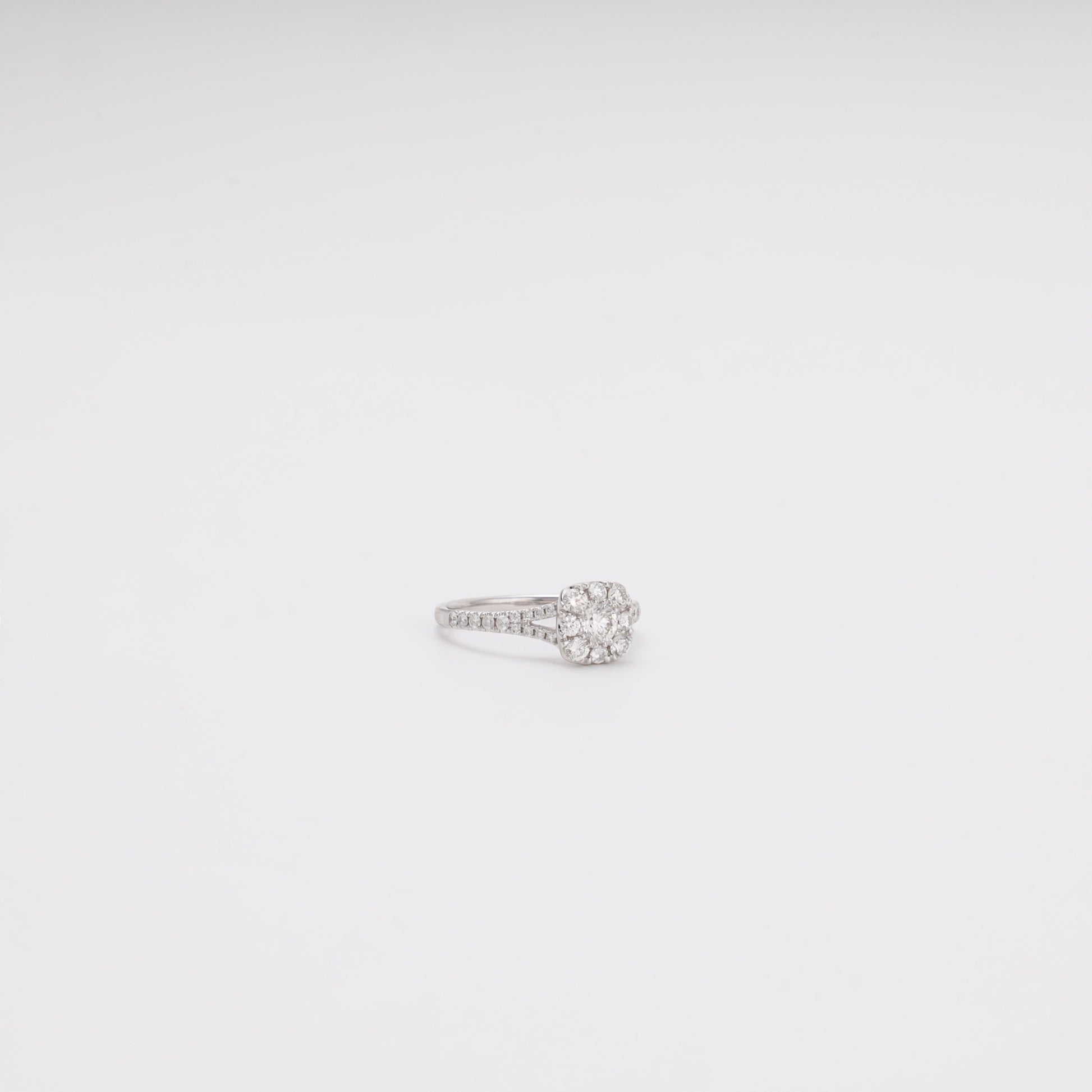 14K white gold cluster diamond ring three-quarter angle - Kabluchka jewelry