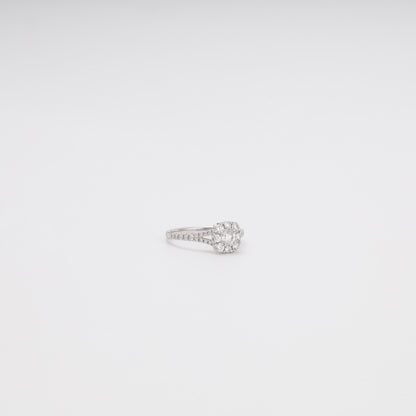 14K white gold cluster diamond ring three-quarter angle - Kabluchka jewelry