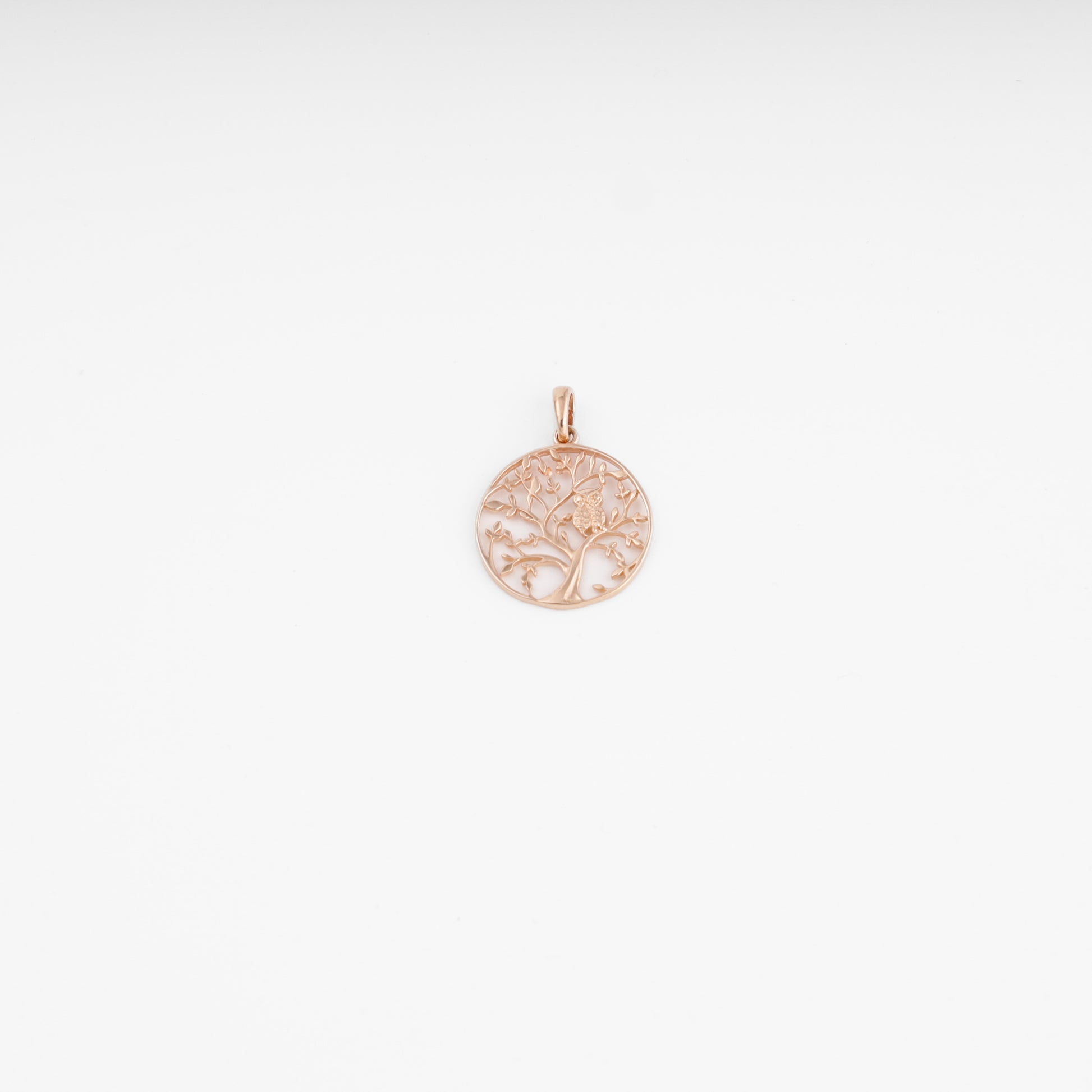 Rose gold 14k gold tree of life pendant charm on white background, Ukrainian Jewelry necklace, delicate gold disc pendant.